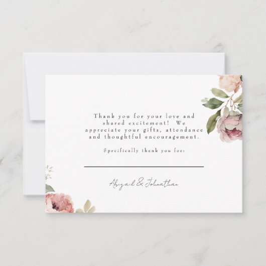 Roze pioenen bruiloft bericht plat dank je kaart (Voorkant)