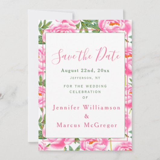 Roze Pioenen Bruiloft - Save the Date Kaart (Voorkant)