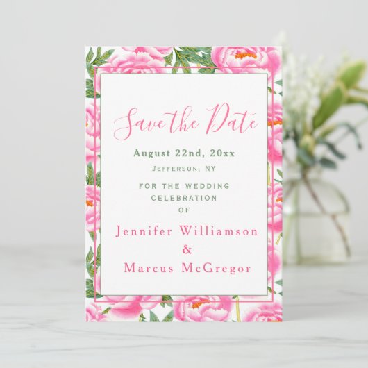 Roze Pioenen Bruiloft - Save the Date Kaart (Staand voorkant)