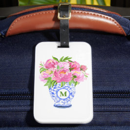 Roze Pioenen Chinoiserie Vaas Groen Monogram Bagagelabel