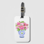 Roze Pioenen Chinoiserie Vaas Groen Monogram Bagagelabel (Voorkant (verticaal))