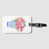 Roze Pioenen Chinoiserie Vaas Groen Monogram Bagagelabel (Voorkant (horizontaal))