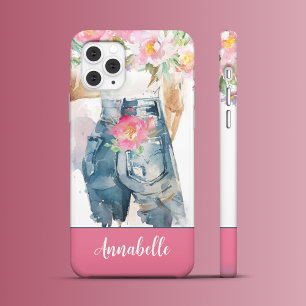 Roze pioenen en denim charme iPhone 16 pro max hoesje