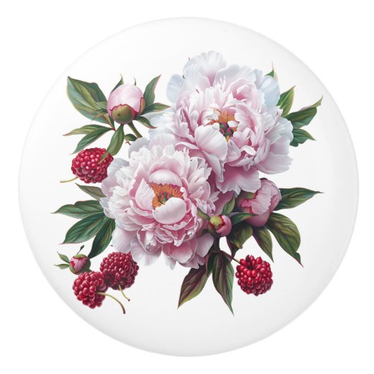 Roze pioenen en frambozen keramische knop (Voorkant)