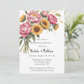 Roze pioenen en gele bloemen bruiloft douche kaart (Staand voorkant)