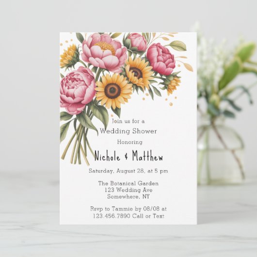 Roze pioenen en gele bloemen bruiloft douche kaart (Staand voorkant)