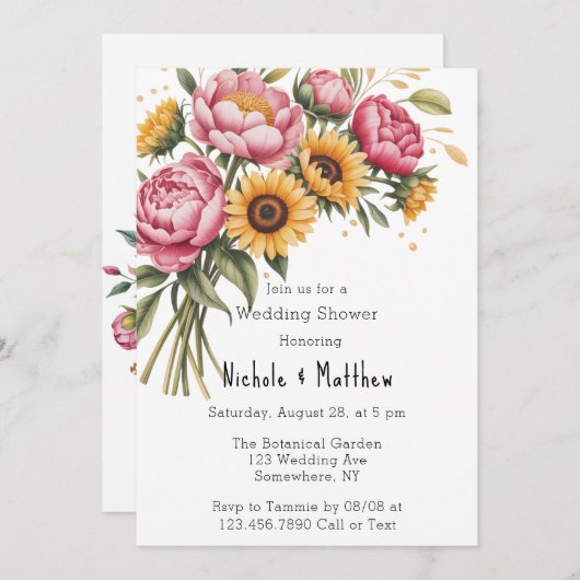 Roze pioenen en gele bloemen bruiloft douche kaart (Voorkant / Achterkant)