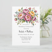 Roze pioenen en gele bloemen bruiloft kaart (Staand voorkant)