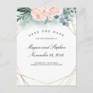 Roze Pioenen en Goud Lijst Modern Save the Date Aankondigingskaart