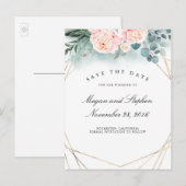 Roze Pioenen en Goud Lijst Modern Save the Date Aankondigingskaart (Voorkant / Achterkant)