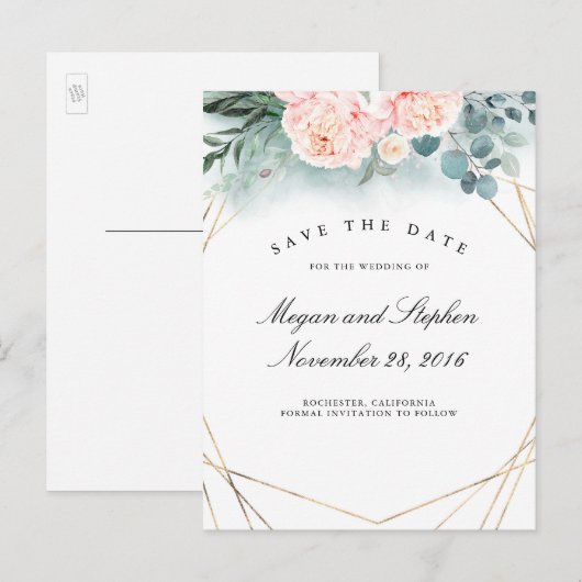 Roze Pioenen en Goud Lijst Modern Save the Date Aankondigingskaart (Voorkant / Achterkant)
