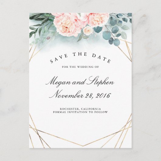 Roze Pioenen en Goud Lijst Modern Save the Date Aankondigingskaart (Voorkant)