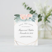 Roze Pioenen en Goud Lijst Modern Save the Date Aankondigingskaart (Staand voorkant)
