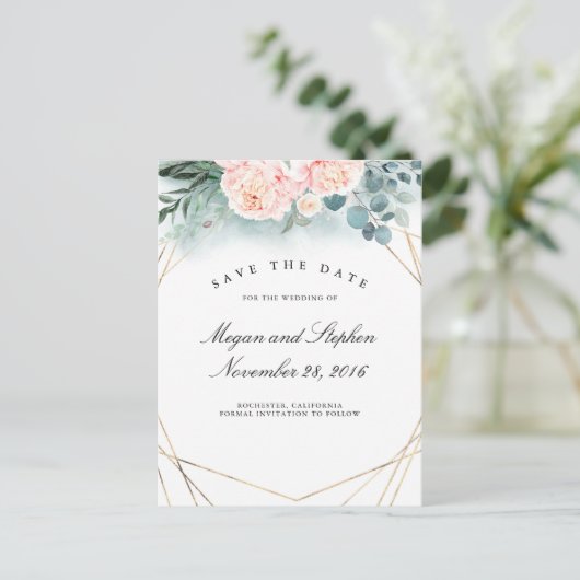 Roze Pioenen en Goud Lijst Modern Save the Date Aankondigingskaart (Staand voorkant)