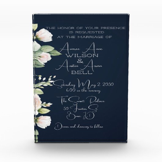 Roze Pioenen en Navy bruiloft uitnodiging Fotoblokken (Voorkant)