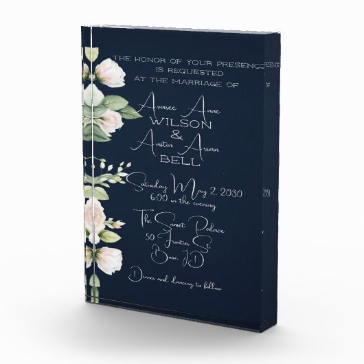 Roze Pioenen en Navy bruiloft uitnodiging Fotoblokken (Rechts)