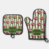 Roze pioenen en strepen ovenwant & pannenlap set (Voorkant)