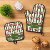 Roze pioenen en strepen ovenwant & pannenlap set (Top down)
