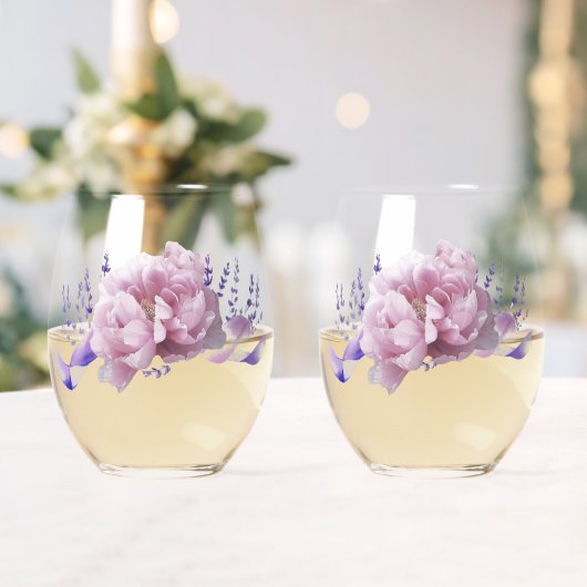 Roze Pioenen en Touch of Lavendel Wijnglas Zonder Voet (Insitu (Huwelijk))