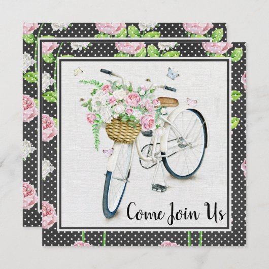 Roze pioenen en witte fiets verjaardagsfeestje kaart (Voorkant / Achterkant)