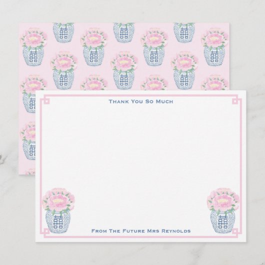  roze pioenen gember jar Vrijgezellenfeest Bedankkaart (Voorkant / Achterkant)