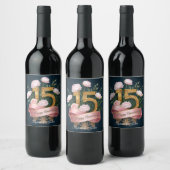 Roze pioenen gouden nummer 15e bruiloft Jubileum Wijn Etiket (Flessen)