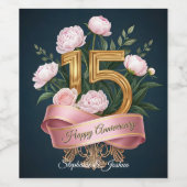 Roze pioenen gouden nummer 15e bruiloft Jubileum Wijn Etiket (Enkel label)