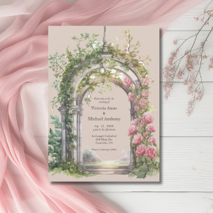 Roze pioenen groen boog bruiloft kaart
