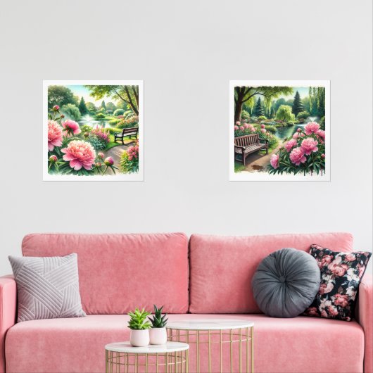 Roze pioenen in het park Waterverf Print Set (Woonkamer)