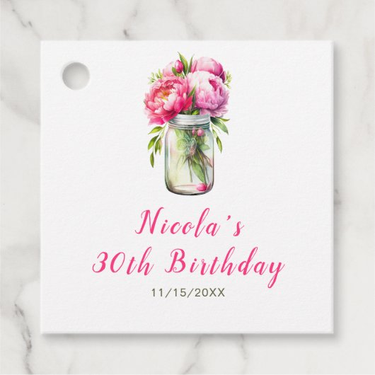 Roze Pioenen Mason Jar Verjaardag Bedankjes Labels (Voorkant)