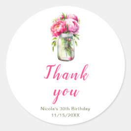Roze Pioenen Mason Jar Verjaardag Ronde Sticker