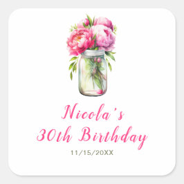 Roze Pioenen Mason Jar Verjaardag Vierkante Sticker