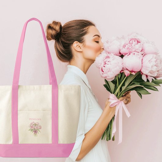 Roze pioenen met Bow Coquette Contrast Trim Tote Bag