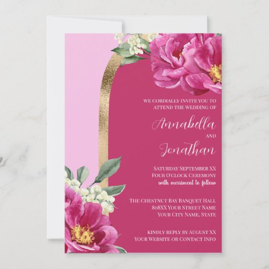 Roze Pioenen met Goud op Roze Bruiloft Kaart (Voorkant)