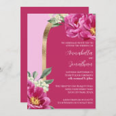  Roze Pioenen met Goud op Roze Bruiloft Kaart (Voorkant / Achterkant)