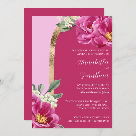  Roze Pioenen met Goud op Roze Bruiloft Kaart (Voorkant / Achterkant)