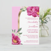 Roze Pioenen met Goud op Roze Bruiloft Kaart (Staand voorkant)