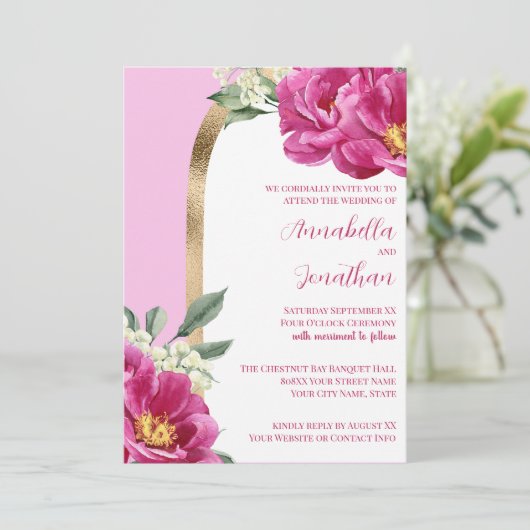 Roze Pioenen met Goud op Roze Bruiloft Kaart (Staand voorkant)