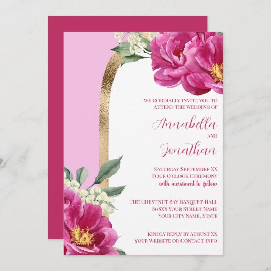 Roze Pioenen met Goud op Roze Bruiloft Kaart (Voorkant / Achterkant)