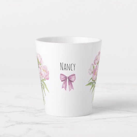 Roze pioenen met strik keramiek latte mok (Voorkant)