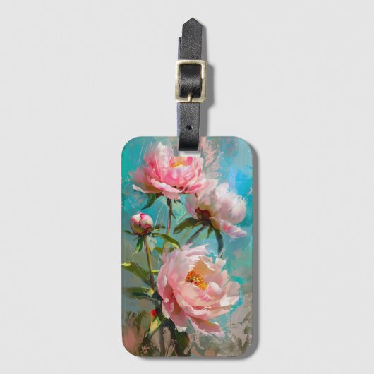 Roze Pioenen op Blauwe Verf Bagagelabel (Voorkant (verticaal))