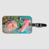 Roze Pioenen op Blauwe Verf Bagagelabel (Voorkant (horizontaal))