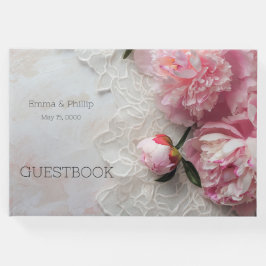 Roze pioenen op kant gastenboek