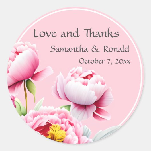  roze pioenen op roze bruiloft ronde sticker (Voorkant)