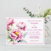  roze pioenen op witte bruiloft kaart (Staand voorkant)