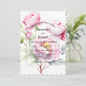  roze pioenen op witte bruiloft kaart (Staand voorkant)