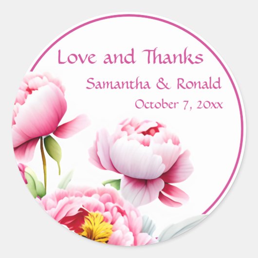  roze pioenen op witte bruiloft ronde sticker (Voorkant)