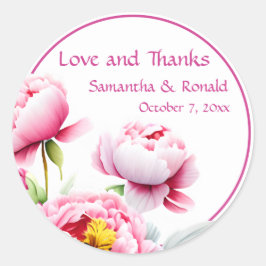  roze pioenen op witte bruiloft ronde sticker