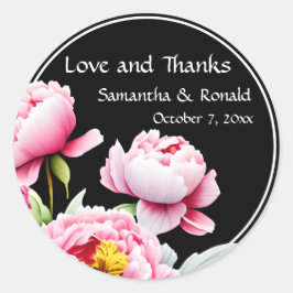  roze pioenen op zwarte bruiloft ronde sticker