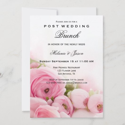 Roze Pioenen Post Bruiloft Brunch Uitnodiging (Voorkant)